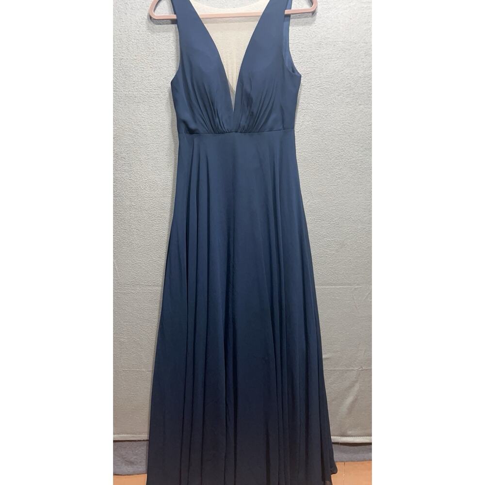 Jenny Yoo Collection Navy Deep V Neck Pleated Chiffon Maxi Dress Gown Sz 4 $285 - Picture 6 of 15